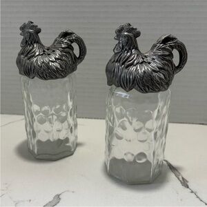 Vintage Arthur Court Dimpled Glass and Aluminum Rooster Salt Pepper Shakers